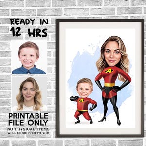 Custom Super Mom and Child Cartoon Portrait, Superhero Caricature, Mom's Gift, Super Mom Caricature, Superhero Drawing, Super Mom Portrait