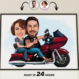 Personalized Motorcyclist Couple Cartoon Portrait, Custom Motorcyclist Caricature Drawing from Photo, Funny Motorcyclist Couple Gift