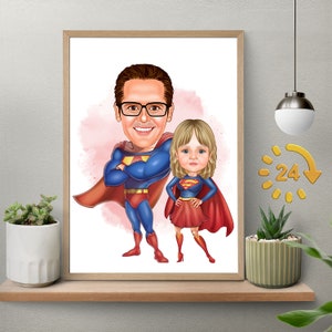 Custom Super Dad and Daughter Cartoon Portrait, Super Dad Portrait, Dad's Gift, Super Dad Caricature, Superhero Caricature, Superhero Gift