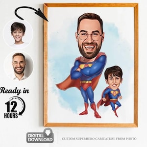 Custom Super Dad and Son Cartoon Portrait, Super Dad Portrait, Dad's Gift, Super Dad Caricature, Superhero Caricature, Caricature from Photo