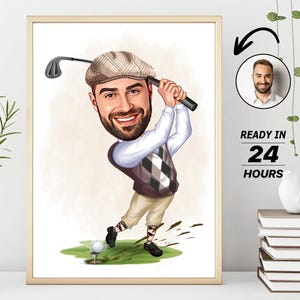 Personalized Golfer Cartoon Portrait, Custom Golfer Caricature Drawing from Photo, Funny Golfer Caricature, Gift for Golfer