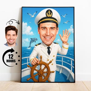 Gift for Ship Captain, Custom Boat Captain Caricature from Photo, Funny Nautical Portrait, Personalized Sailor Cartoon Drawing