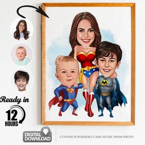 Custom Super Family Cartoon Portrait, Family Portrait, Family Gift, Super Family Caricature, Superhero Caricature, Caricature from Photo