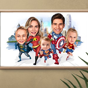 Custom Superhero Family Cartoon Portrait, Family Portrait, Family Gift, Super Family Caricature, Superhero Caricature, Caricature from Photo