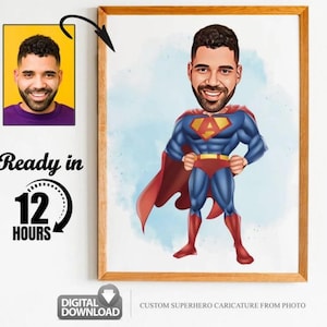 Custom Super Dad and Son Cartoon Portrait, Super Dad Portrait, Dad&#39;s Gift, Super Dad Caricature, Superhero Caricature, Caricature from Photo