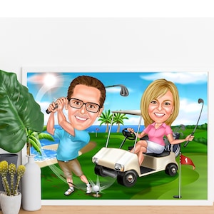 Personalized Golfer Couple Cartoon , Custom Caricature, Digital Caricature, Caricature From Photo, Golf Gift ,For Lover, Family, Friends.