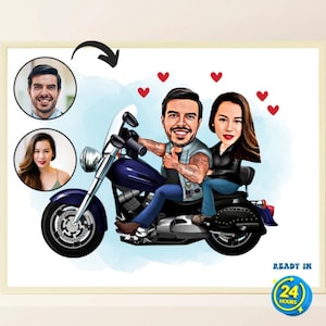 Personalized Motorcyclist Couple Cartoon Portrait, Custom Cartoon Valentines Day, Motorbiker Couple Portrait, Funny Motorcyclist Couple Gift