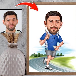 Custom Marathon Running Cartoon Portrait, Gift for Male Marathon Runner, Funny Boss Caricature from Photo, Marathon Running Wall Art