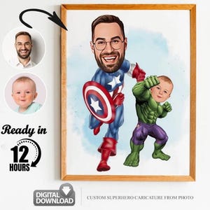 Custom Super Dad and Son Cartoon Portrait, Super Dad Portrait, Dad's Gift, Super Dad Caricature, Superhero Caricature, Caricature from Photo