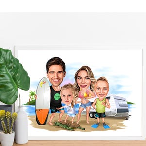 Custom Holiday Family Beach Theme Caricature Portrait, Christmas Digital Cartoon Unique Holiday Gift Digital Beach Portrait,Digital download