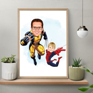 Custom Super Dad and Son Cartoon Portrait, Super Dad Portrait, Dad's Gift, Super Dad Caricature, Superhero Caricature, Caricature from Photo
