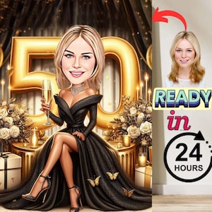 Custom 50th Cartoon Portrait | 50th Caricature | Personalized Happy Birthday Caricature Drawing | 50th Birthday Cartoon, Birthday Caricature