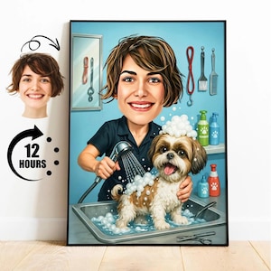 Gift for Dog Groomer, Custom Pet Grooming Caricature from Photo, Funny Groomer Portrait, Personalized Pet Spa Cartoon Art
