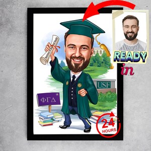 Graduation Cartoon Portrait from Photo, Funny Graduation Gift for Men, Graduation Caricature Drawing, Graduation Wall Art Print Grad Cartoon