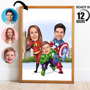Custom Superhero Family Cartoon Portrait, Custom Family Portrait,Personalized Family Caricature,Gift for Family,Super Family Portrait -126