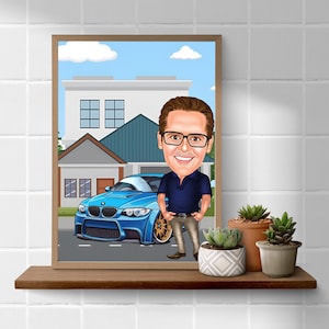 Car Lover Gift for Men, Male Car Lover Caricature from Photo, Car Lover Wall Art, Funny Car Lover Portrait, Custom Car Lover Cartoon Drawing