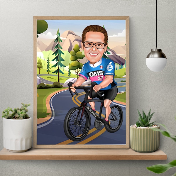 Personalized Cyclist Cartoon Portrait, Biker Portrait, Cyclist Gift, Cyclist Caricature, Custom Caricature, Caricature from Photo