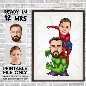 Custom Super Dad and Son Cartoon Portrait, Super Dad Portrait, Dad's Gift, Super Dad Caricature, Superhero Caricature, Caricature from Photo