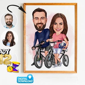 Custom Cyclist Couple Cartoon Portrait, Couple Portrait, Couple Gift, Couple Caricature, Family Portrait, Biker Caricature, Anniversary Gift