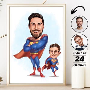 Personalized Super Dad And Son Cartoon Portrait, Custom Super Dad And Son Caricature Drawing from Photo, Funny Dad Caricature, Gift for Dad