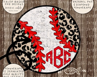 May include: A white baseball with red stitching and a leopard print design. The baseball has a red monogram "ABC" on it. The image includes the text "INCLUDES BASEBALL PNG & DIAMOND MONOGRAM".