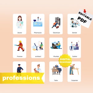 Tarjetas de profesion 45 piezas, tarjetas digitales Montessori, tarjetas educativas para niños, tarjetas de 3 piezas