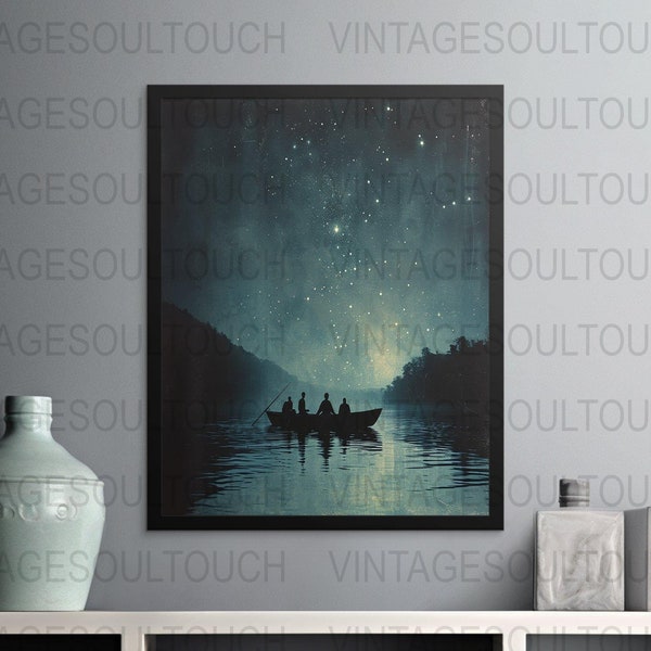 Vintage Mystic River Night Sky Boat Scenery Wall Art, Starry Night Art Print, Aesthetic Room Decoration, Large Poster Printable Wall Art
