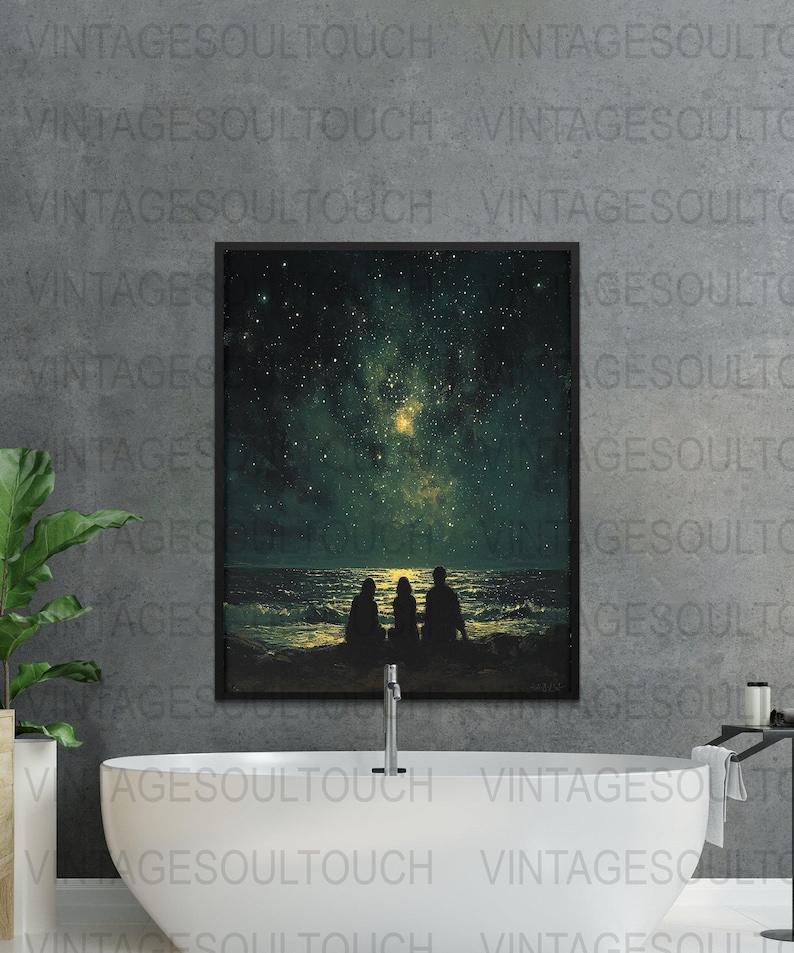 Vintage Starry Night Beach Wall Art, Night Sky Ocean Print, Night