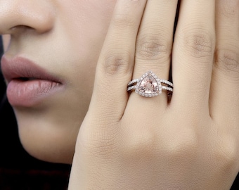 Anillo de compromiso de oro macizo de 14 k con morganita natural y diamantes blancos