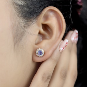 14k solid gold/Natural Tanzanite and diamond stud earrings