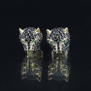 14k solid gold/Panther Theme Natural Black diamond and Natural emerald stud earrings (pair)