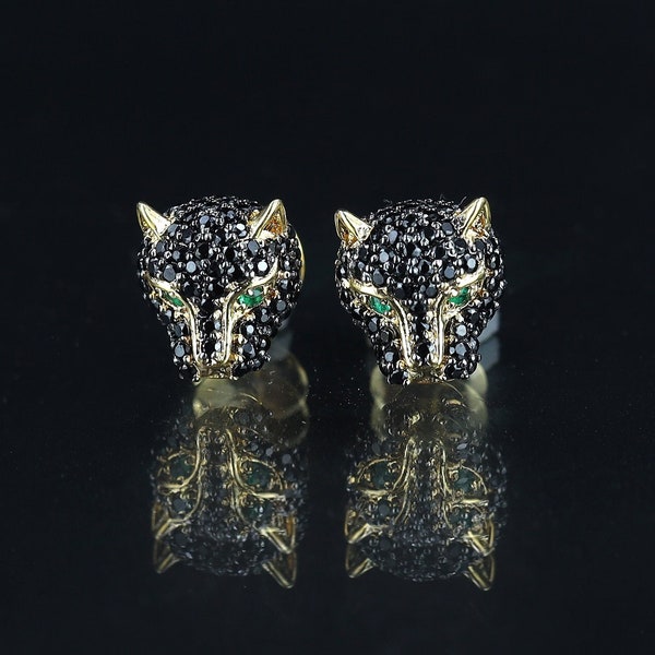 14k solides Gold / Panther-Thema Natürlicher schwarzer Diamant und natürlicher Smaragd Ohrstecker (Paar)