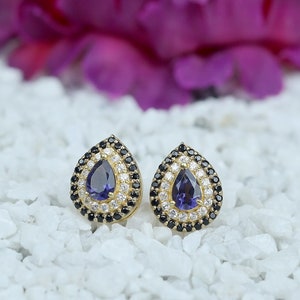 14k solid gold/Natural Iolite stone black and white diamond stud earrings