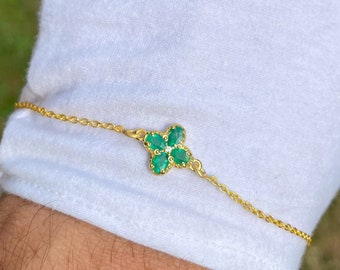 14k solid gold/Natural Emerald flower theme Bracelet