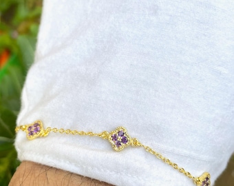 14k solid gold/Natural Amethyst clover leaf theme Bracelet