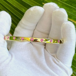 14k solid gold/Natural Pink Sapphire heart shape bangle Bracelet