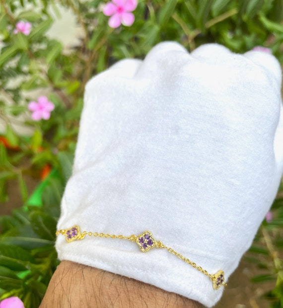 14K 純金/天然アメジスト クローバー リーフ テーマ ブレスレット 