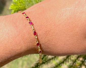 Pulsera de tenis de oro macizo de 14 k/rubí natural