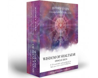 May include: A purple and pink box with the title "Wisdom of Shalazar Oracle Deck" and the text "A 55-card deck and guidebook to help you live a more fulfilled life." The box features artwork by Sara Sanguino.