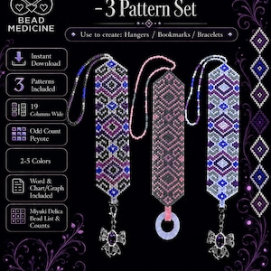 Pode incluir: Um conjunto de padrões digitais intitulado Swirls & Diamonds com três designs de contas. Os padrões incluem motivos geométricos de diamantes em roxo, azul, preto e cinza. O texto detalha 19 colunas de largura, peyote ímpar e contagem de contas.