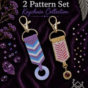 May include: Two beaded keychains featuring arrow patterns in purple, blue, white, gold, and red. One keychain has a light blue ring, the other a red stone charm. Text reads: BEAD MEDICINE PEYOTE PATTERN ARROWS 2 Pattern Set Keychain Collection.