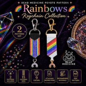 May include: A bead medicine peyote pattern Rainbows Keychain Collection featuring two beaded keychains with rainbow designs, one with a black background and one with a white background, each with a small rainbow charm and metal clasp.