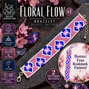 Floral Flow v1 Bracelet Peyote Pattern + FREE Bookmark Pattern - by Bead Medicine