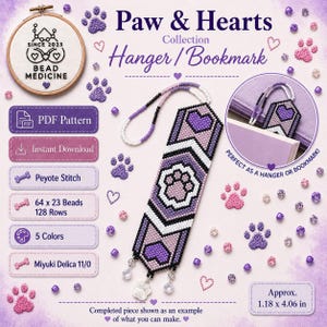 Paws & Hearts-kollektionen - Bokmärke / Galge – Peyote- (eller tegel-)söm PDF-mönster