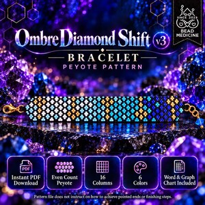 以下が含まれることがあります： Ombre Diamond Shiftペヨーテパターンのビーズブレスレット。白、水色、金のビーズによる幾何学模様が繰り返されています。ブレスレットには金色の金属製留め具と小さな青いクリスタルのチャームが付いています。