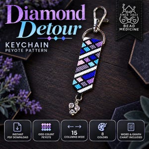 Puede incluir: Un llavero de cuentas con un patrón geométrico en azul, morado, rosa, negro y blanco. La tira rectangular de cuentas está unida a un mosquetón plateado y presenta un pequeño dije colgante con tres cristales transparentes en la parte inferior.