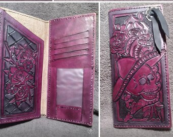 Leather Wallet ,Purple, Black, skull ,snake, flower, roper, Long