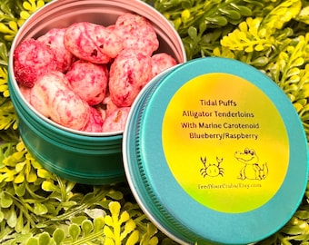 Alligator tenderloin Puffs with a Marine carotenoid, organic raspberry and Blueberry flavors. Tidal Gator Puffs.