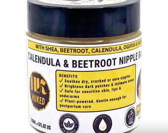 May include: A glass jar of Calendula & Beetroot Nipple Balm with a black lid. The label includes the brand name "HUKED" and lists benefits such as soothing dry skin and brightening dark patches. The jar contains 120ml.