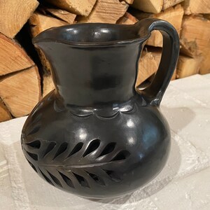 Folk Art Small Black Ceramic Decorative Pitcher